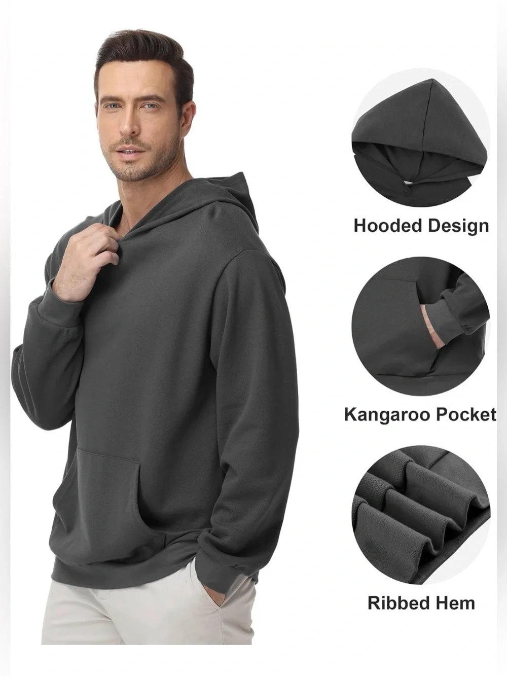 Men's Charcoal Hooded Pullover Sweatshirt-SIZE XXL